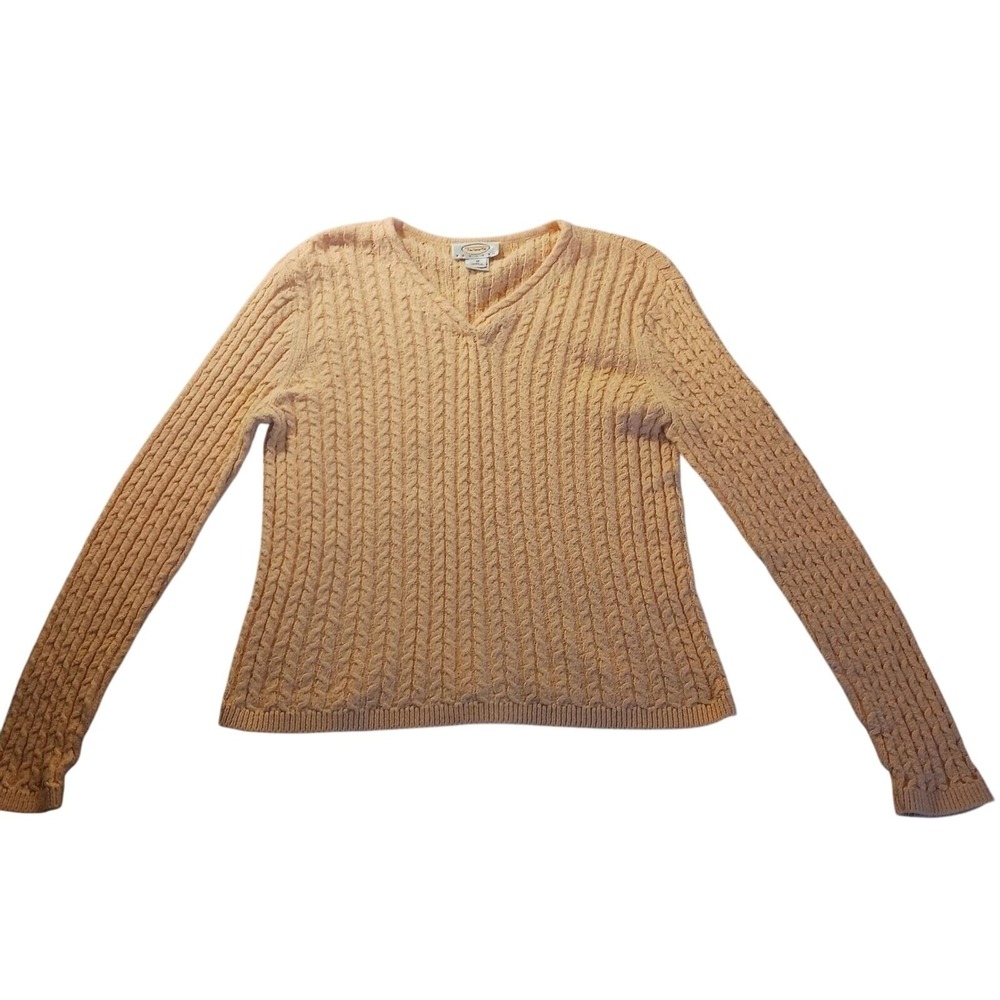 Talbots Petites V-Neck Cable Knit Sweater Medium Womens Peach Vintage Classic